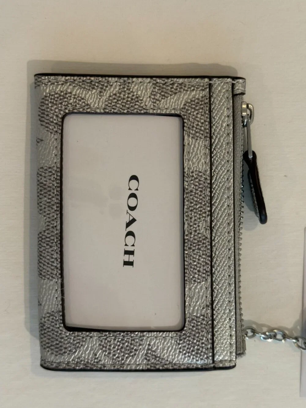 Coach Min/Skinny ID Case Card Holder Signature Canvas key chain/ Wallet Silver
